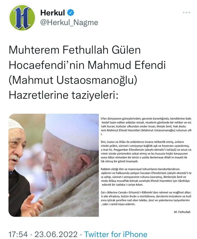 Terör örgütü elebaşı Fetullah Gülen, İsmailağa lideri Mahmut Ustaosmanoğlu için taziye mesajı paylaştı