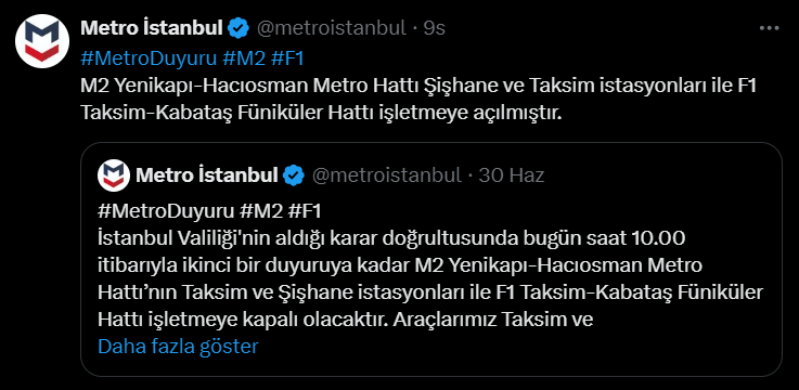 İstanbul'da Metro Seferleri Normale Döndü